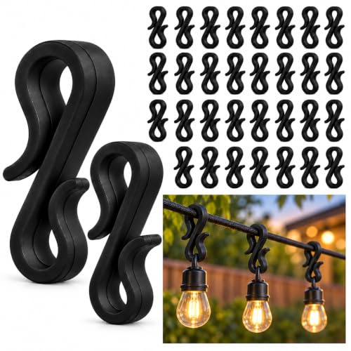 50-Pack Black S Hooks for Outdoor Christmas Lights - Lightweight Plastic
