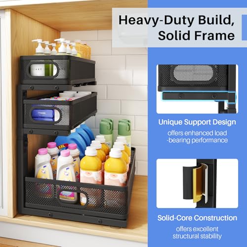 Under Sink Organizer 3-Tier Metal Pull-Out Shelf, Height Adjustable, 2-Pack Black