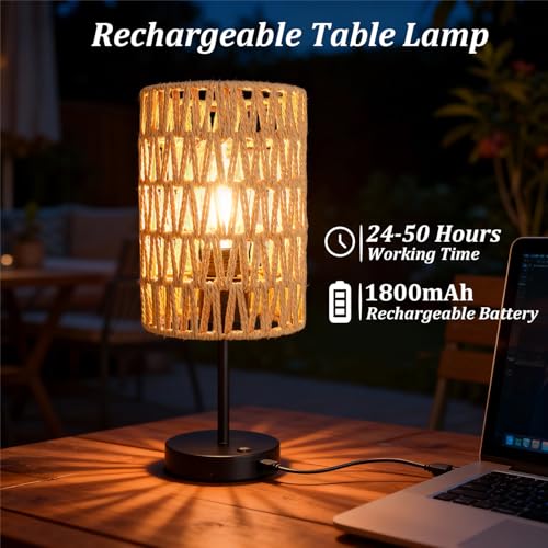 Rechargeable Outdoor Rattan Table Lamps Set of 2 - Beige Boho Cordless Patio & Indoor Lighting