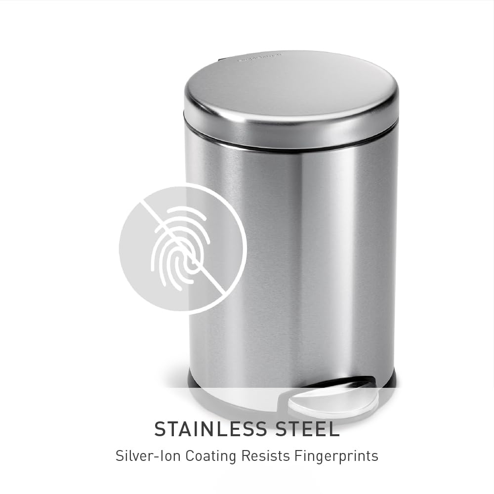 simplehuman Round Bathroom Step Trash Can - 4.5 Liter | Brushed Stainless Steel Finish