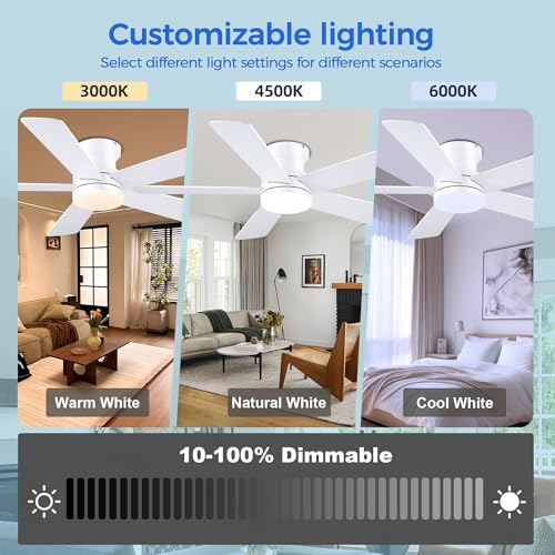 48-Inch White Ceiling Fan with Light and Remote - Low Profile Flush Mount