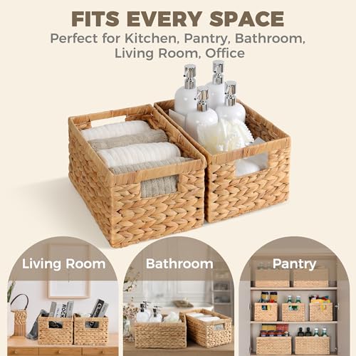 Set of 2 Water Hyacinth Wicker Storage Baskets with Handles - Natural Organizers for Shelves & Home