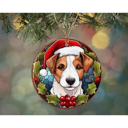 Jack Russel Terrier Christmas Stained Glass Ceramic Ornament, Christmas Tree Hanging Ornament, Dog Stained Glass Ornament, Ornament Religious Gift for Christians Printed on Both Sides