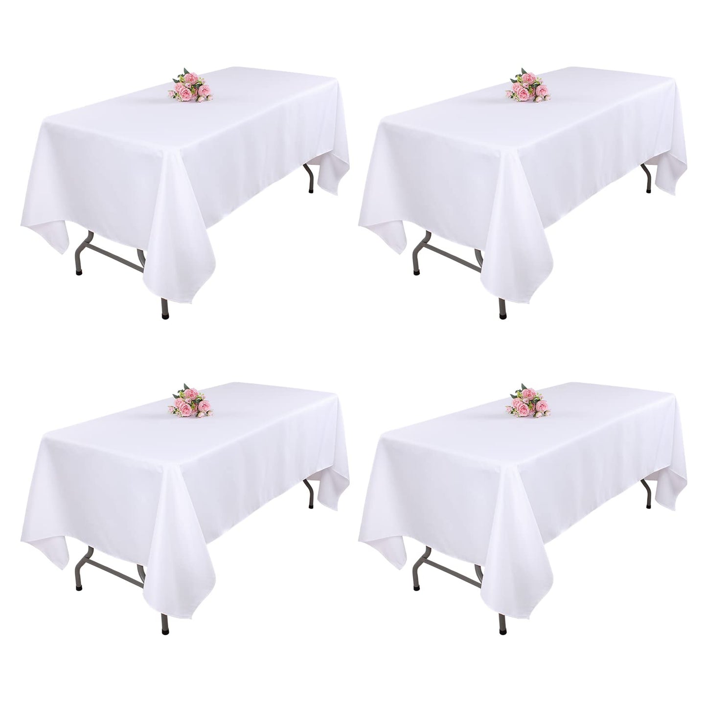 Kesfey 4 Packs White Table Cloths Rectangle 60 x 84 inch Washable Polyester Fabric White Tablecloths for 4 Feet Tables Stain and Wrinkle Resistant Reusable Table Covers for Parties Wedding Banquet