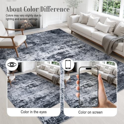 FXRHLP 6x9 Black Washable Indoor Area Rug for Living Room, Modern Non-Slip Carpet