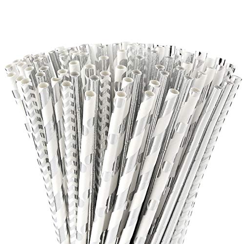 ALINK Foil Silver Paper Straws Bulk, Pack of 100 Metallic Striped/Wave/Dots Straws for Birthday, Wedding, Bridal/Baby Shower, Christmas Decorations and Party Supplies