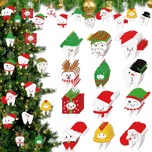 48Pcs Christmas Tooth Ornaments Set - Funny Wooden Dentist Holiday Decor