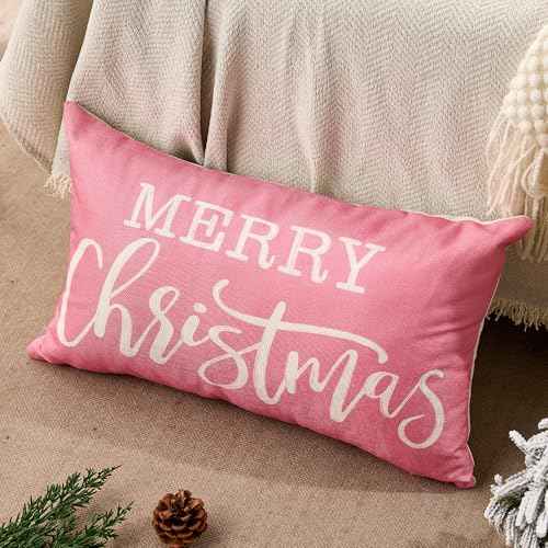 DFXSZ Christmas Pillow Cover 12x20 Merry Christmas Decor Pink Throw Lumbar Pillow Cover Decorations Christmas Tree Holiday Decor Case for Home Couch YZT102B12