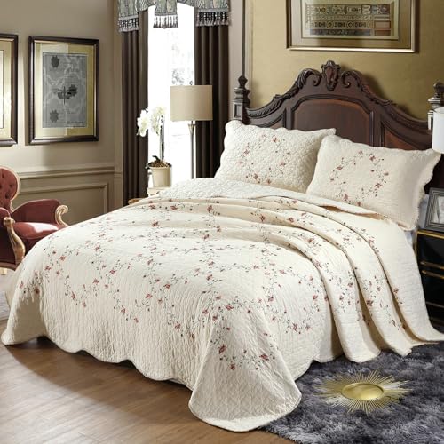 VCTOPS Floral Embroidered Oversize Queen Bedspread & Pillow Shams Set - Cotton, Reversible