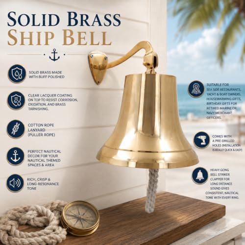 Nagina International Brass Ship Bell Wall Hanging Nautical Decor - 10 Inch