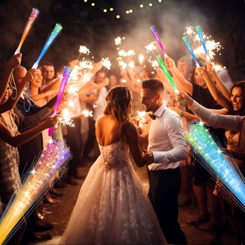 Glow Fiber Optic Wands Set - 100 LED Flashing Light Sticks for Party, Wedding, Halloween & New Year - Color Pack