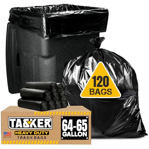 Tasker 65 Gallon Heavy Duty Trash Bags - 120 Count, Large Outdoor Waste Liners