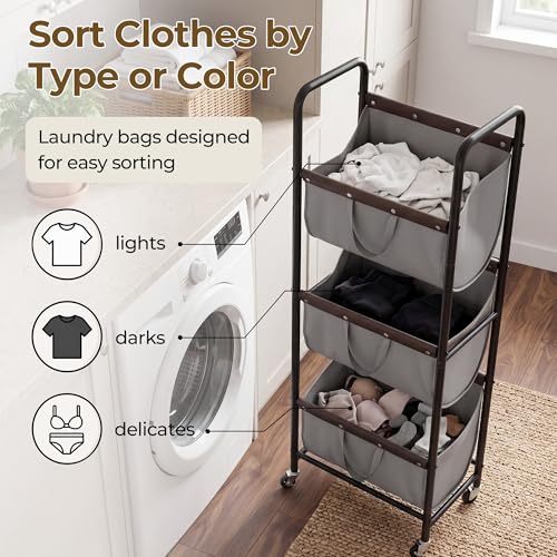 Grey 3-Tier Laundry Sorter Cart with Wheels - Narrow Hamper for Small Spaces