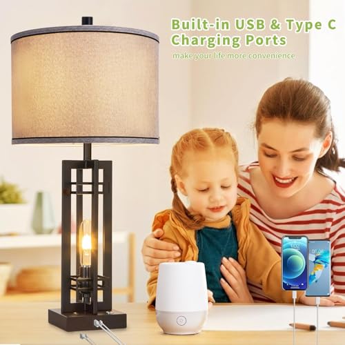 Vikdio 27-Inch Farmhouse Table Lamps Set of 2 with Gray Round Shade & Touch Control