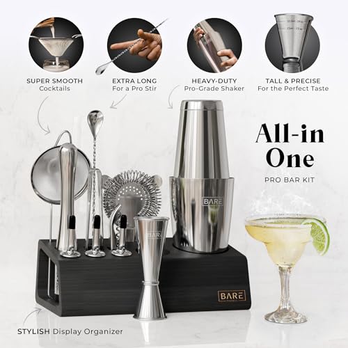 Bartender Kit Bar Set with 28oz Boston Shaker - Silver & Black - 14 Piece Cocktail Mixing Tools & Recipe Cards