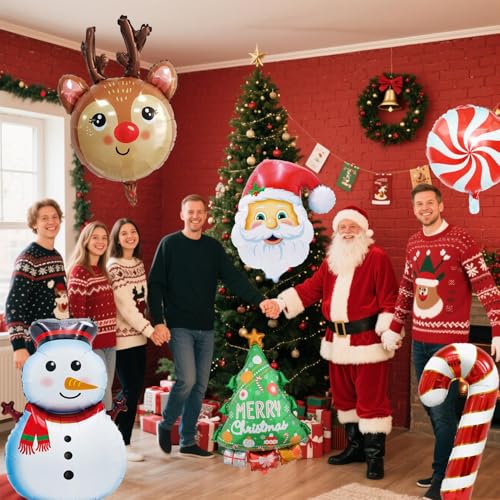 AZGRUEILK Multicolor Christmas Foil Balloons Set - Snowman Reindeer Santa Candy Cane Xmas Party Decorations, 6pcs