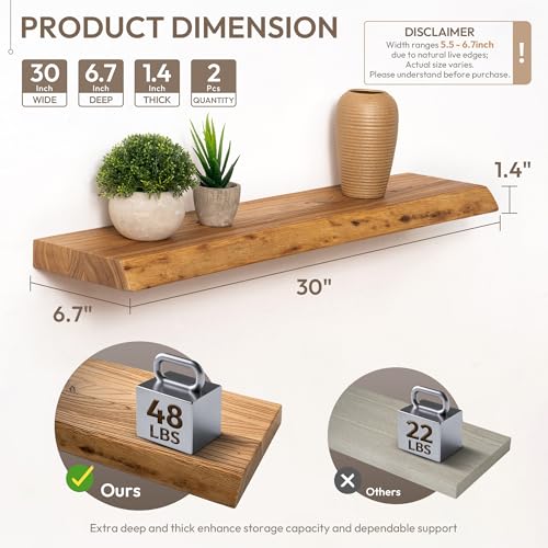 Natural Live Edge 30-inch Wood Floating Shelves Wall Mount 2-Pack