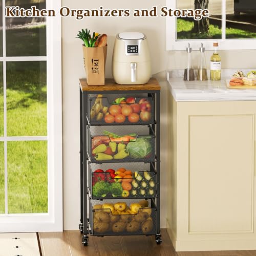 Brown 4-Tier Kitchen Rolling Cart with Drawers and Wooden Top for Fruits & Vegetables