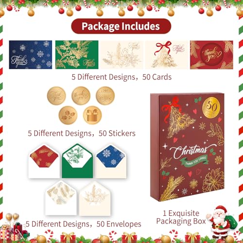 50 Pack Christmas Thank You Cards with Envelopes and Stickers, 5