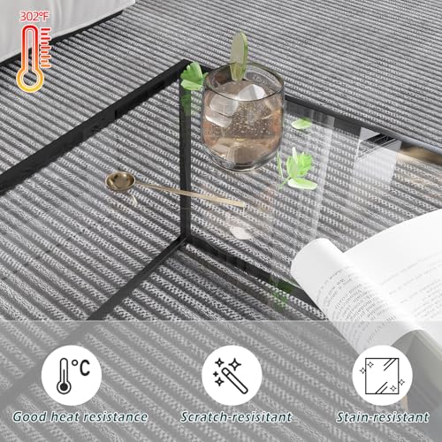 Black Glass Coffee Table Modern Center Table with Metal Frame - Easy Assembly
