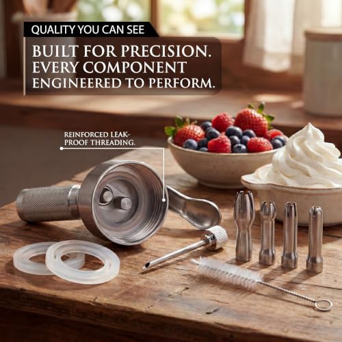 D'VLORO 34 oz Stainless Steel Whipped Cream Dispenser with 5 Nozzles & Replacement Gaskets