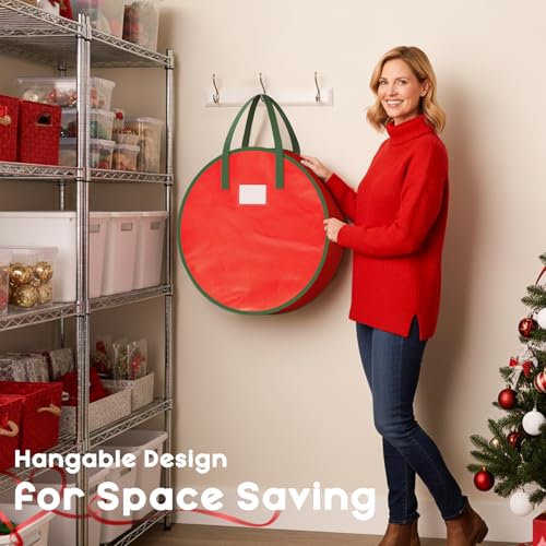 Criusia Red 24x8 Inch Wreath Storage Bag with Handles & Dual Zipper - Holiday Organizer