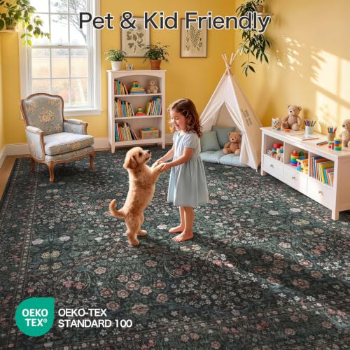 8x10 Dark Green Floral Area Rug - Washable Living Room Carpet
