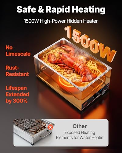 22.05 x 13.39 x 9.65 in Commercial Food Warmer 1500W Stainless Steel Countertop Buffet Bain Marie - Fast Heating & Large Capacity