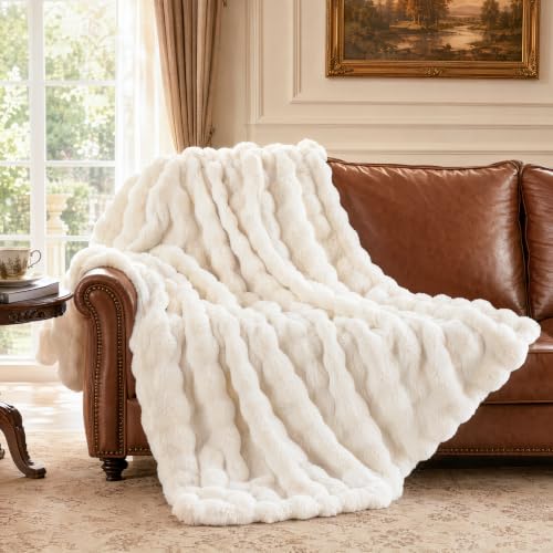IKALIFE Cozy Bubble Faux Fur Throw Blanket - Cream, 50x60 Inches