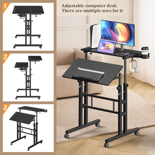Enayplon Small Standing Desk on Wheels - Portable Adjustable Height Mobile Workstation, Black