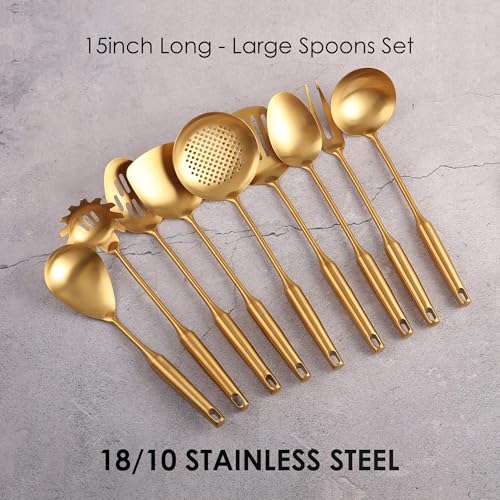 Gold Kitchen Utensils Set of 9 - 15 Inch All Metal Cooking Tools - Variation of 9-Pieces