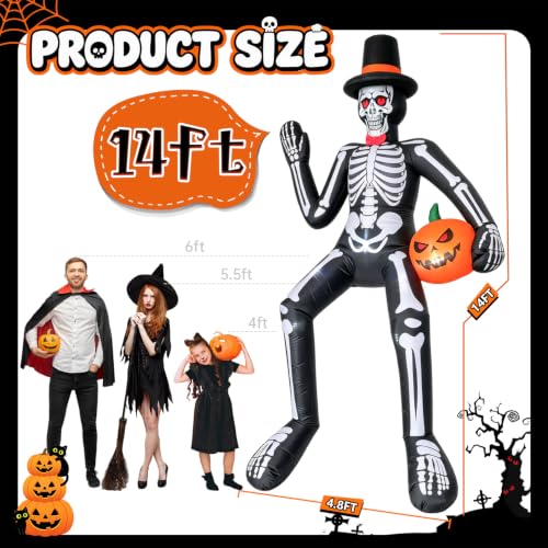 JOVIPOP 14ft Inflatable Sitting Skeleton Halloween Decor with Lights & Pumpkins