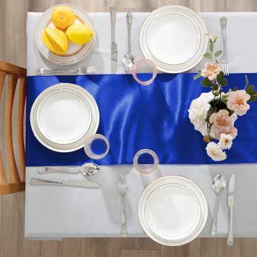 KKJIAF 6 Pack Royal Blue Table Runners 12 x 108 Inch, Rectangular Smooth Satin Silk Table Runner for Wedding, Banquet, Birthday Party Decoration