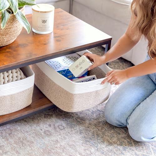 NaturalCozy 16.8 x 13 x 7.6 Inch Cotton Rope Storage Baskets 3-Pack Off White & Mixed Brown
