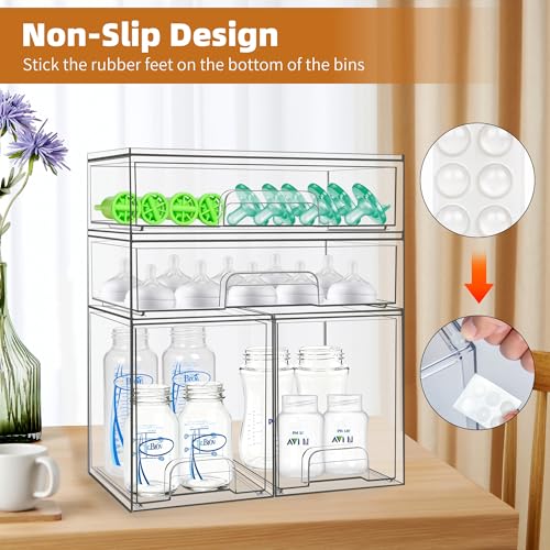 Baby Bottle Organizer 4-Pack Stackable Acrylic Drawers with Labels - 2 High+2 Wide Variation