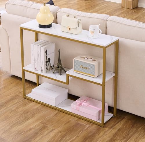 Faux Marble Console Table for Entryway - White Marble & Gold Frame, Modern Sofa Table, Space-Saving Design, 38 Inch Wide, Variation: White Marble / Multilayer