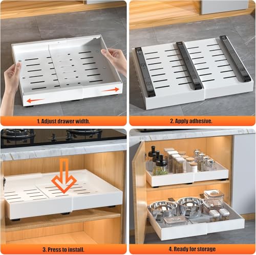 DEKAVA 4 Pack Pull Out Cabinet Organizer - Expandable, White, Fits 12-20" Wide, 21" Deep
