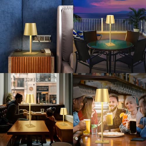 Cordless Table Lamp - 3 Light Modes, Stepless Dimming, Gold Finish, 5000mAh Rechargeable Battery, LED Desk Light for Bedroom & Dining