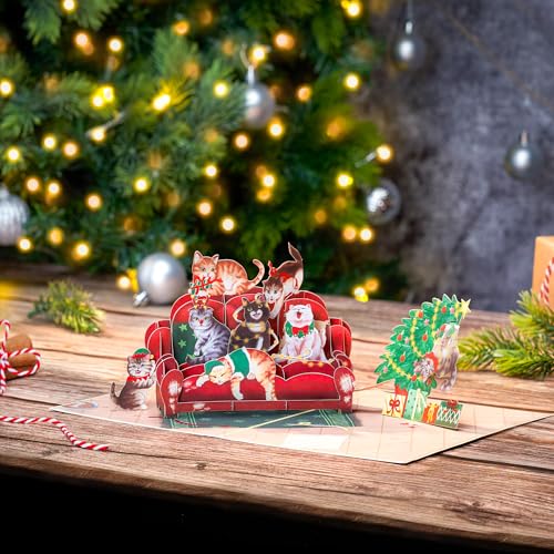 Christmas Sofa Cats Pop Up Card, Meowy Christmas, Xmas Tree, 3D