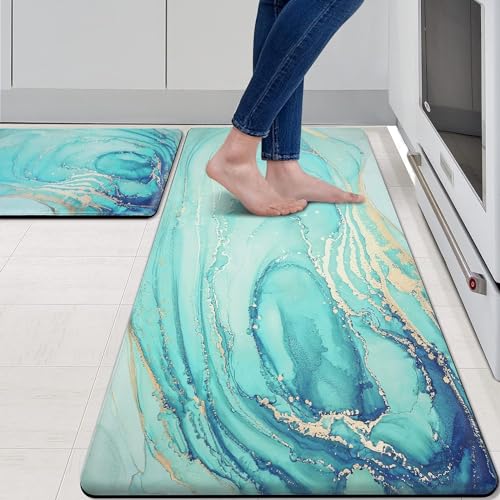 Teal Anti-Fatigue Kitchen Mat Set of 2 - 17.3 x 29 & 47 Inches, Non-Slip, Waterproof