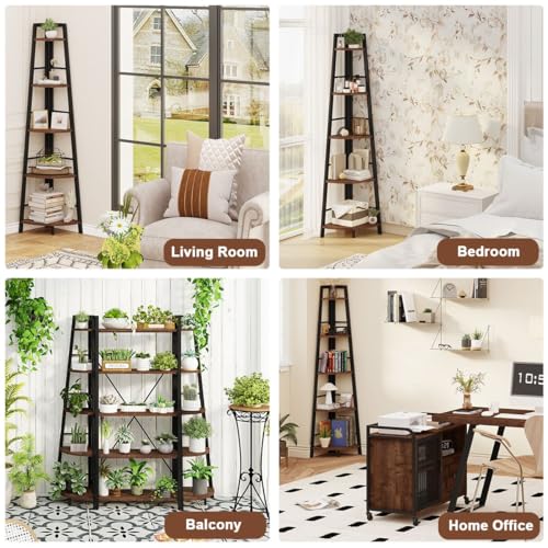 Corner Ladder Shelf Stand - 5-Tier Rustic Oak Corner Bookcase for Living Room & Office