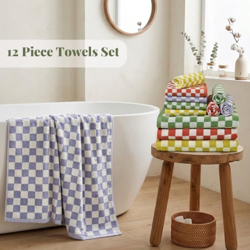 Checkered Cotton Towel Set - 12 Pieces with 4 Colors, Bathroom & Spa Decor