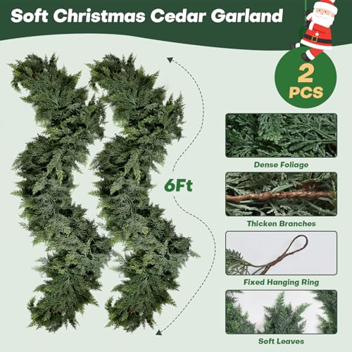 Escrio 2 pcs 6 ft Real Touch Cedar Garland - Christmas Greenery for Mantle, Indoor/Outdoor