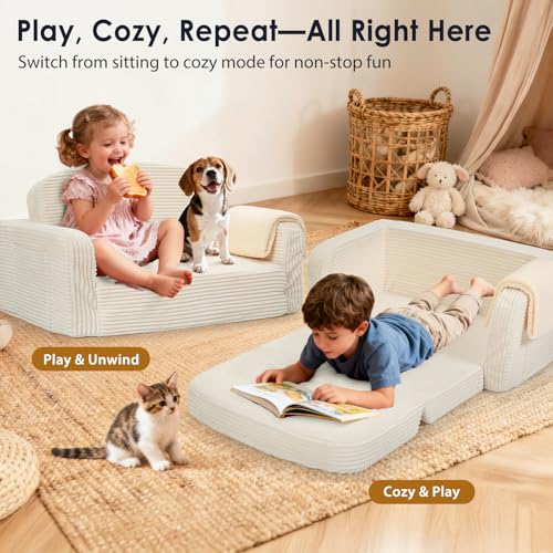Cream 2-in-1 Convertible Toddler Sofa Chair with Blanket - Foryoomi Kids Couch