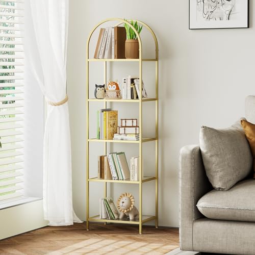 Gold 5-Tier Tall Bookshelf with Glass Shelves - Arched Bookcase, 11.8 x 13.8 x 57.1 inches