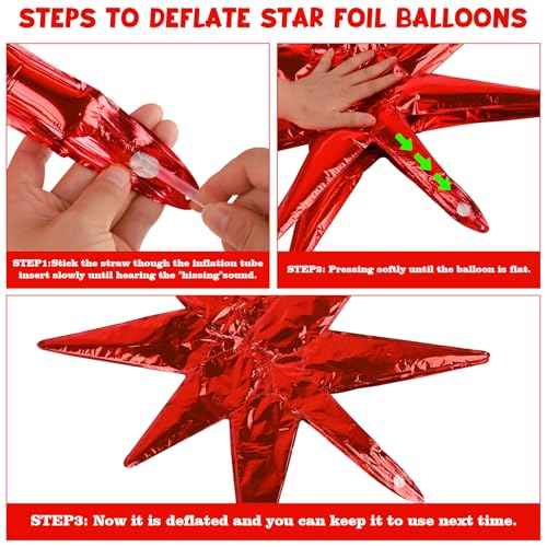 8 Pcs Red Star Balloons, 27/22 inch One-Piece Explosion Balloons Aluminum Foil Balloons for Birthday, Christmas, Wedding, Backdrop, Anniversary, Graduation Party Decorations(Red)