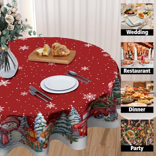 Kawani 60-Inch Christmas Round Tablecloth Snowman Red Truck Snowflakes, Xmas Decor