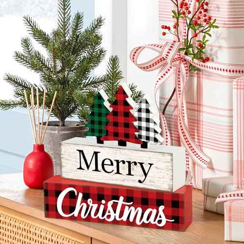 3 Pcs Merry Christmas Table Wooden Decor Christmas Tree Wood Block Sign Xmas Buffalo Plaid Tabletop Centerpiece Xmas Rustic Tiered Tray Decor for Winter Farmhouse Home Kitchen Office Shelf Decoration