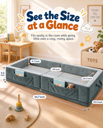 Toddler Portable Travel Bed Grey - Foldable & Washable Floor Bed for Kids