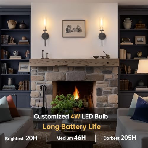 Rechargeable Wall Sconce Set of 2 Black & Gold with Clear Glass Shade - Remote Control, 5200mAh Battery, 3 Color Temperatures, No Hardwiring